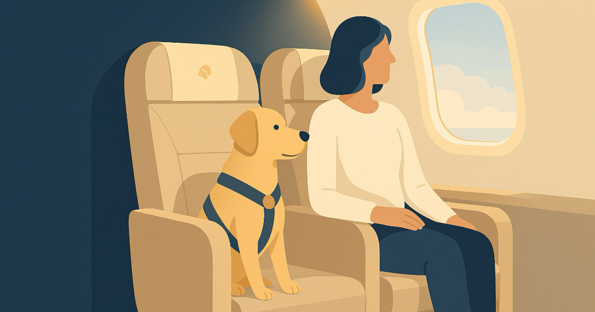 Dog seated at feet beside human in a sun-lit aircraft cabin; calm, simplified illustration.