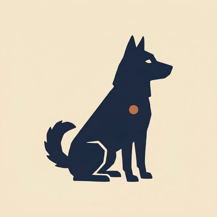 Seated dog silhouette in midnight on a cream field, with a small terracotta collar dot.
