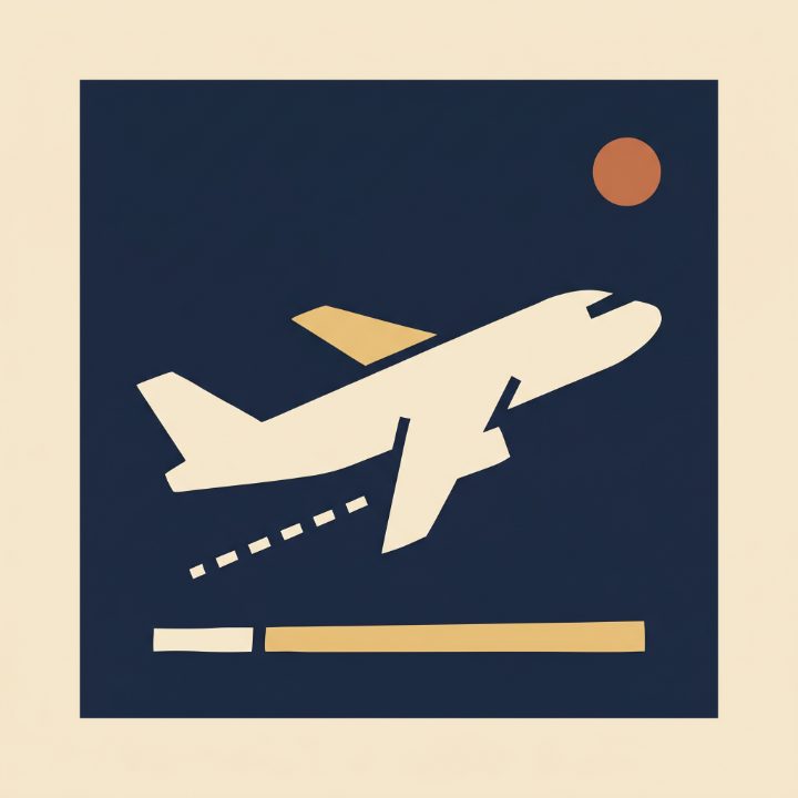 Stylised aircraft lifting off a runway on a midnight field.
