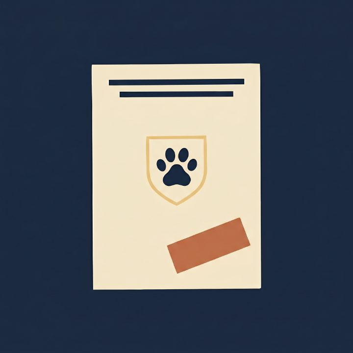 Cream travel document with a paw-print badge and terracotta tag on a midnight field.