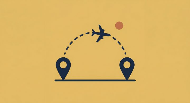 Golden field showing a dashed arc between two location pins with a plane at the apex.