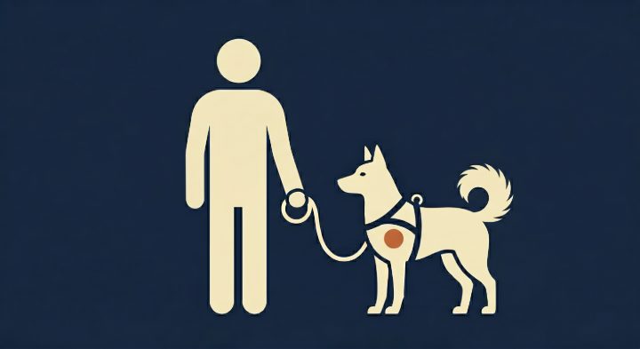 Cream silhouettes of a person walking a harnessed dog on a midnight field.